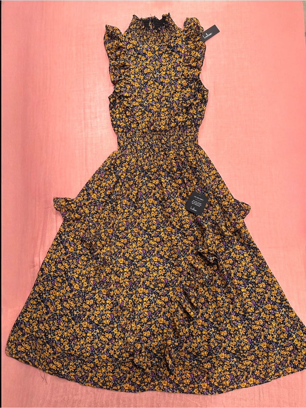 Lulus Evalina Mustard Yellow Floral Print Mock Neck Midi Dress